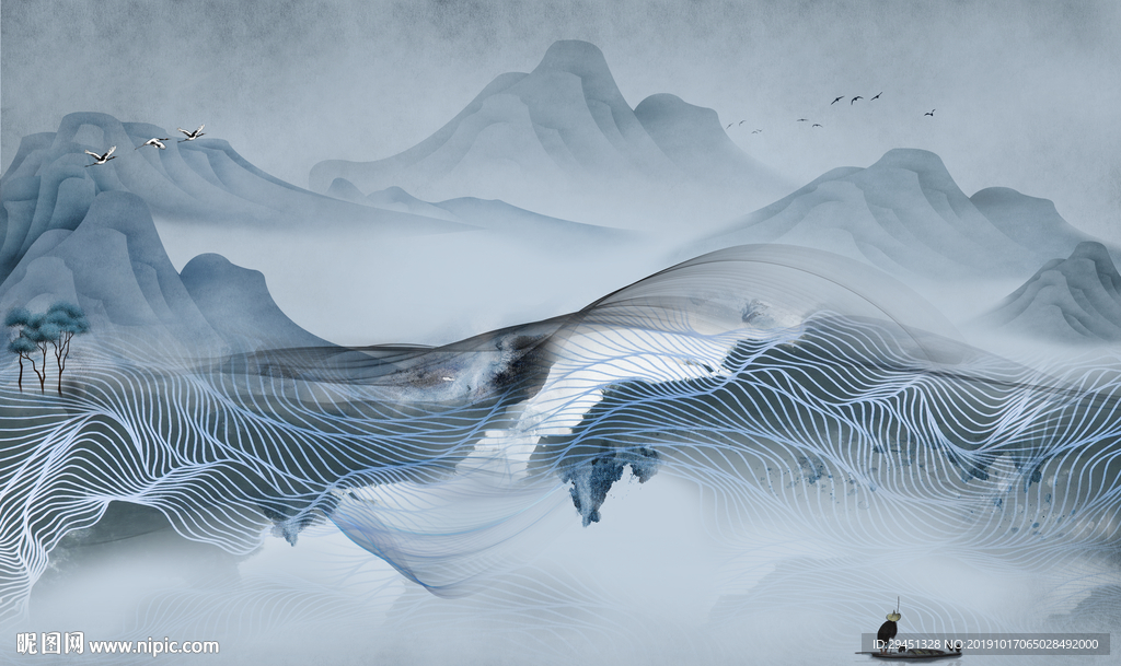 蓝色新款山水画 TIF分层