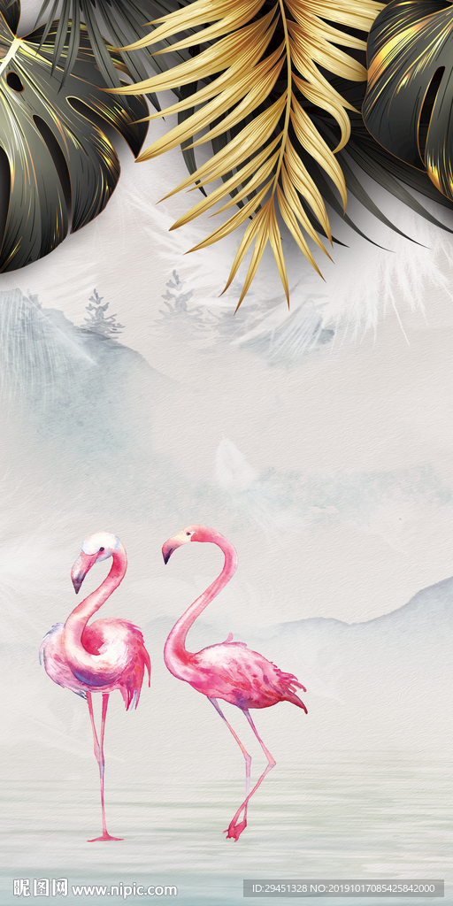 火烈鸟玄关欧式画 TIF分层