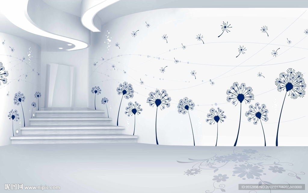 3D空间楼梯蒲公英现代电视背景