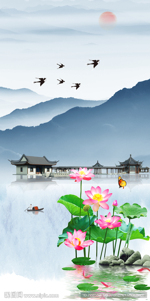 新中式风景山水玄关 tif分层