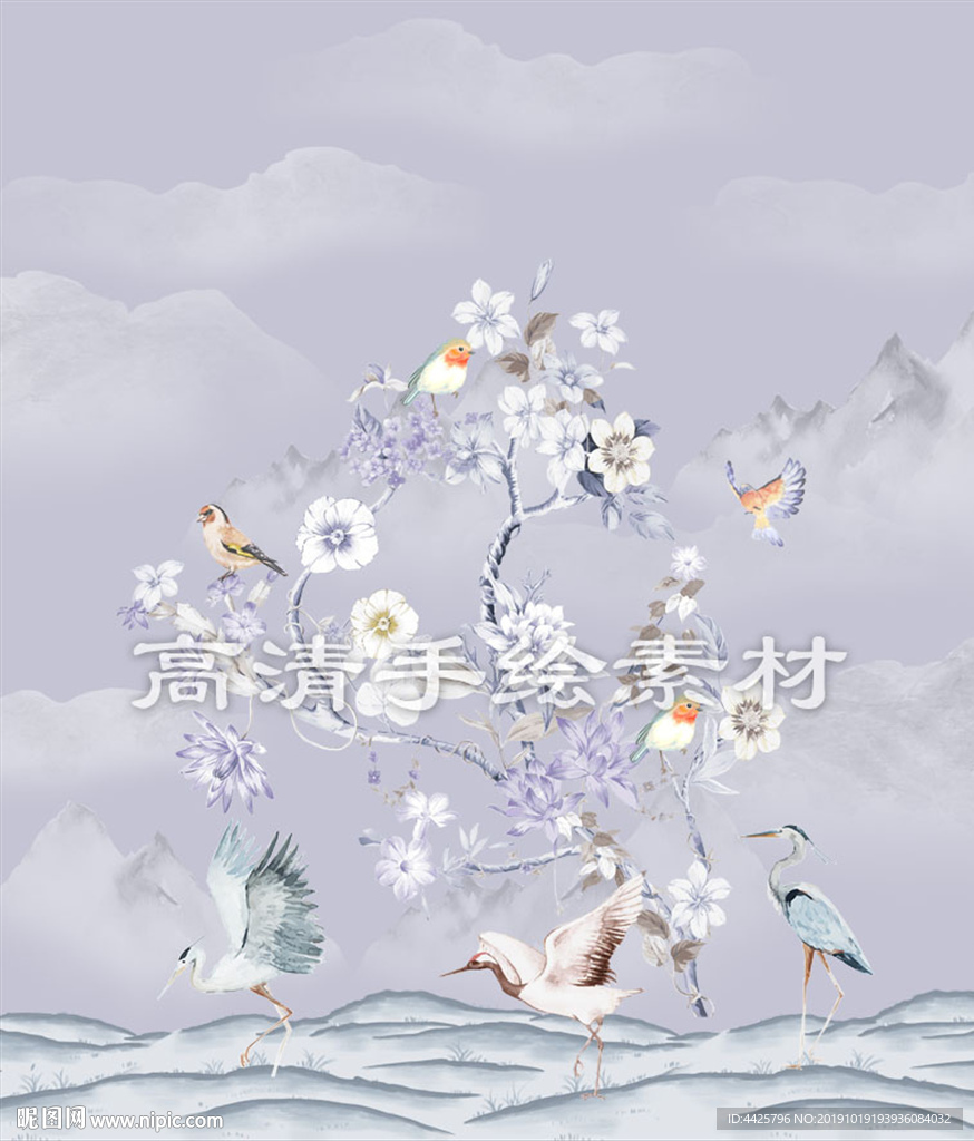 高清手绘花卉背景墙