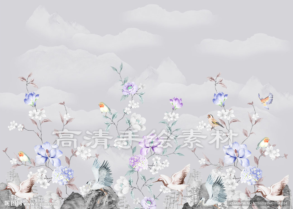 高清手绘花卉背景墙