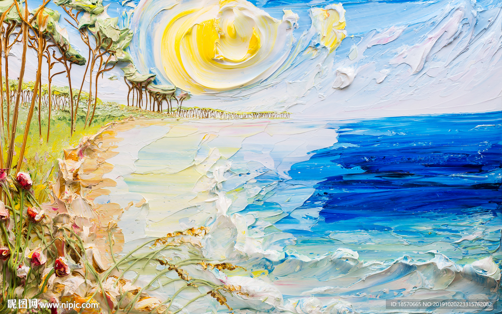 油画大海沙滩阳光