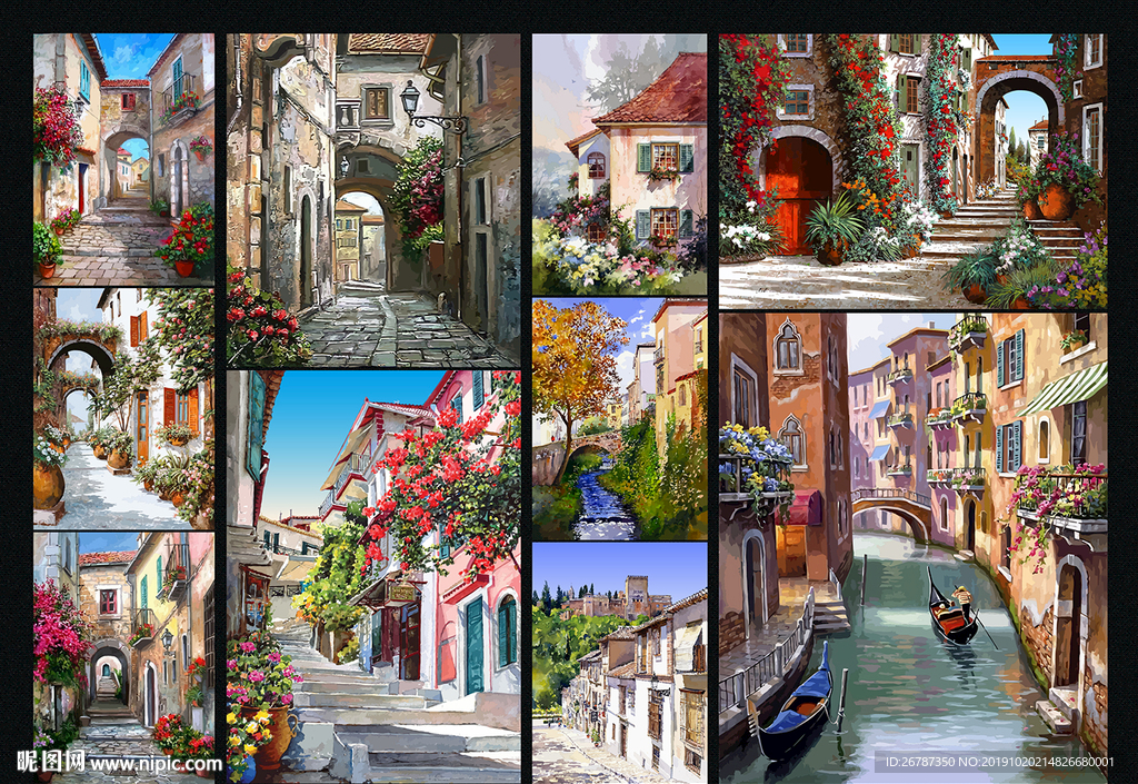 矢量手绘欧洲风情小镇