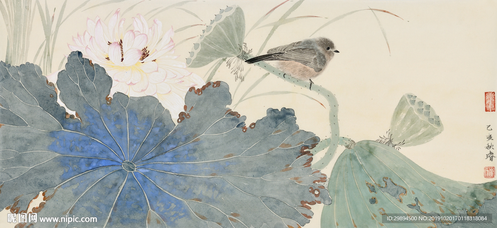 荷花鸟装饰画水墨画