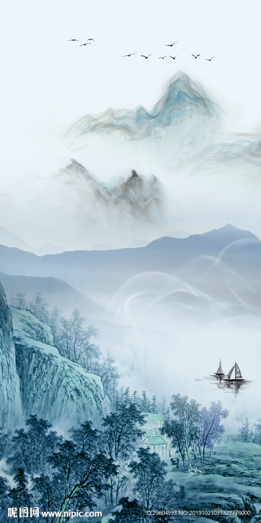 新中式山水画玄关画 TIF分层