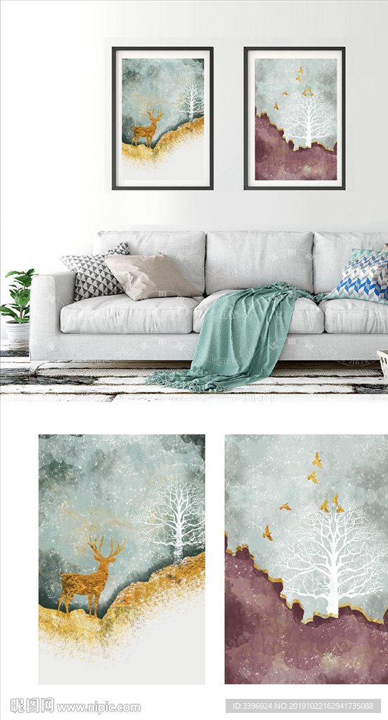 北欧风格抽象树林麋鹿双联无框画