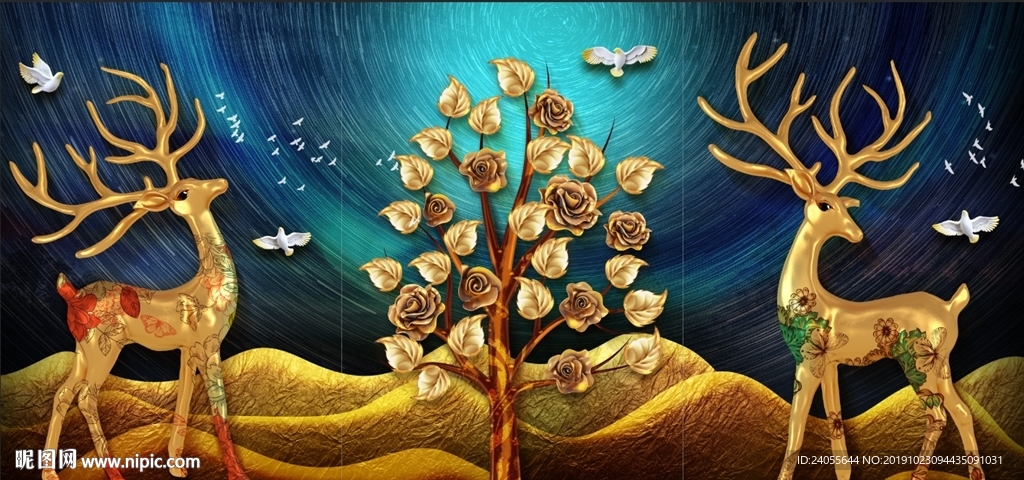 欧式3D立体麋鹿发财树现代简约