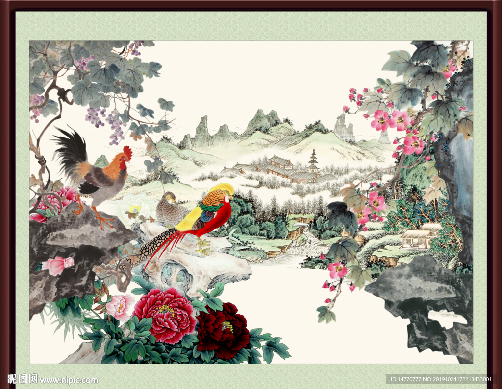 国画牡丹 公鸡图