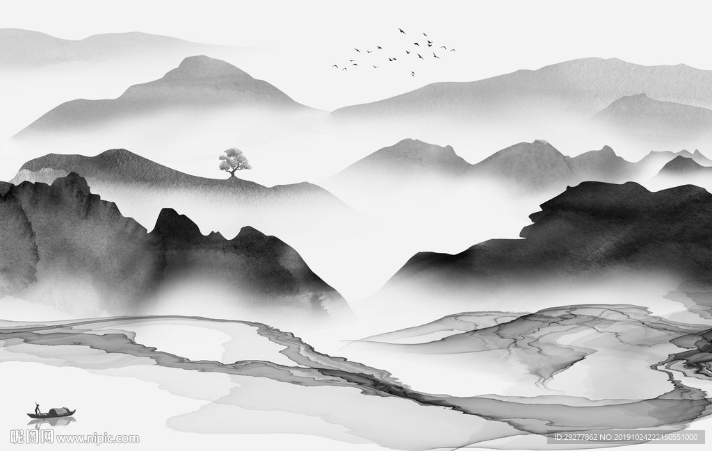 手绘意境新山水画 TIF分层