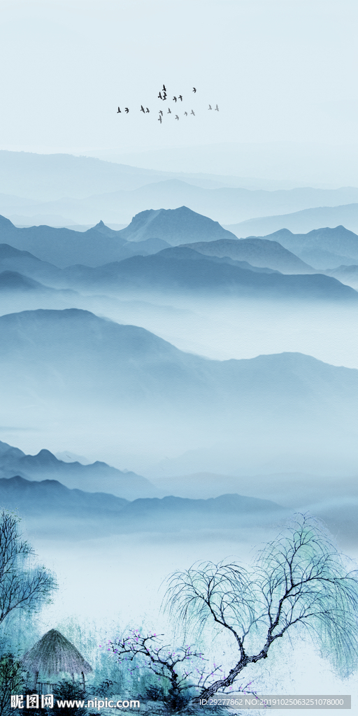 现代玄关中式山水 TIF分层