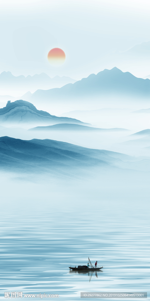 蓝色玄关中式山水 TIF分层