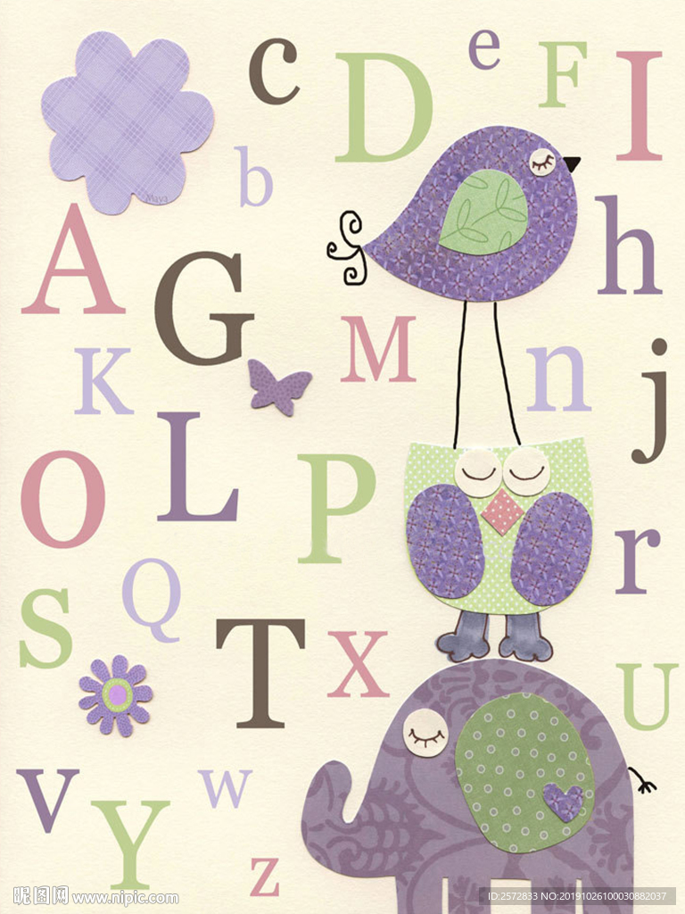 字母 小动物 卡通 字母装饰画