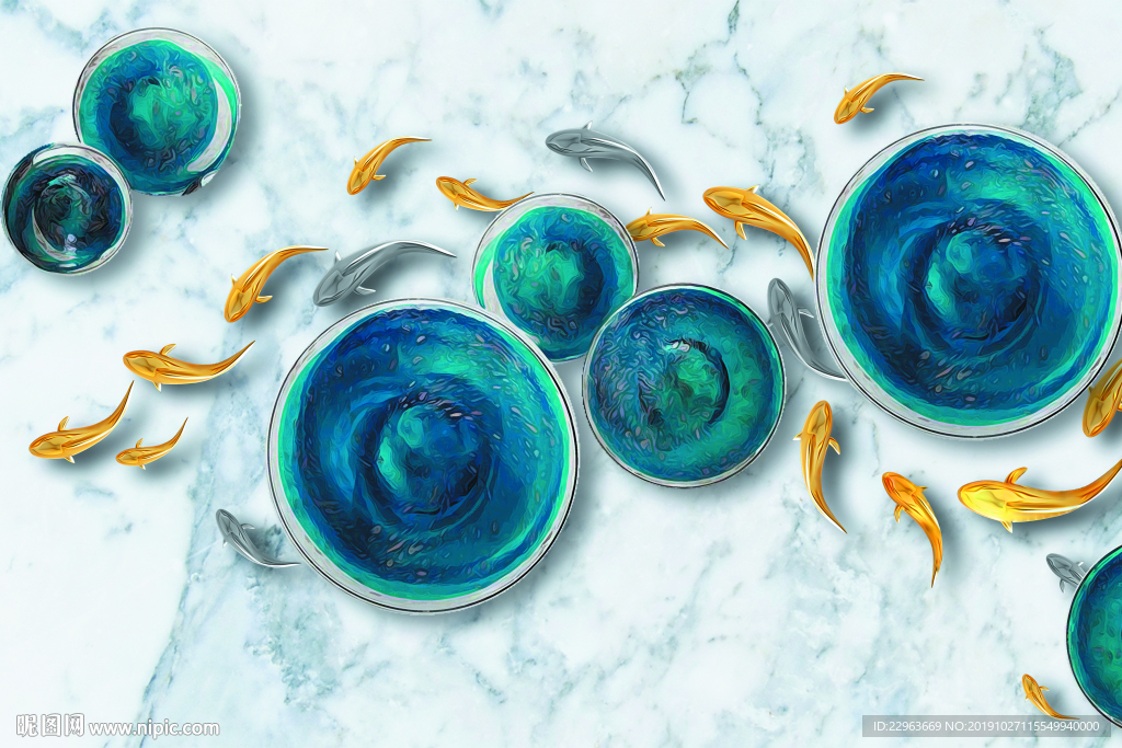 新中式九鱼图装饰画