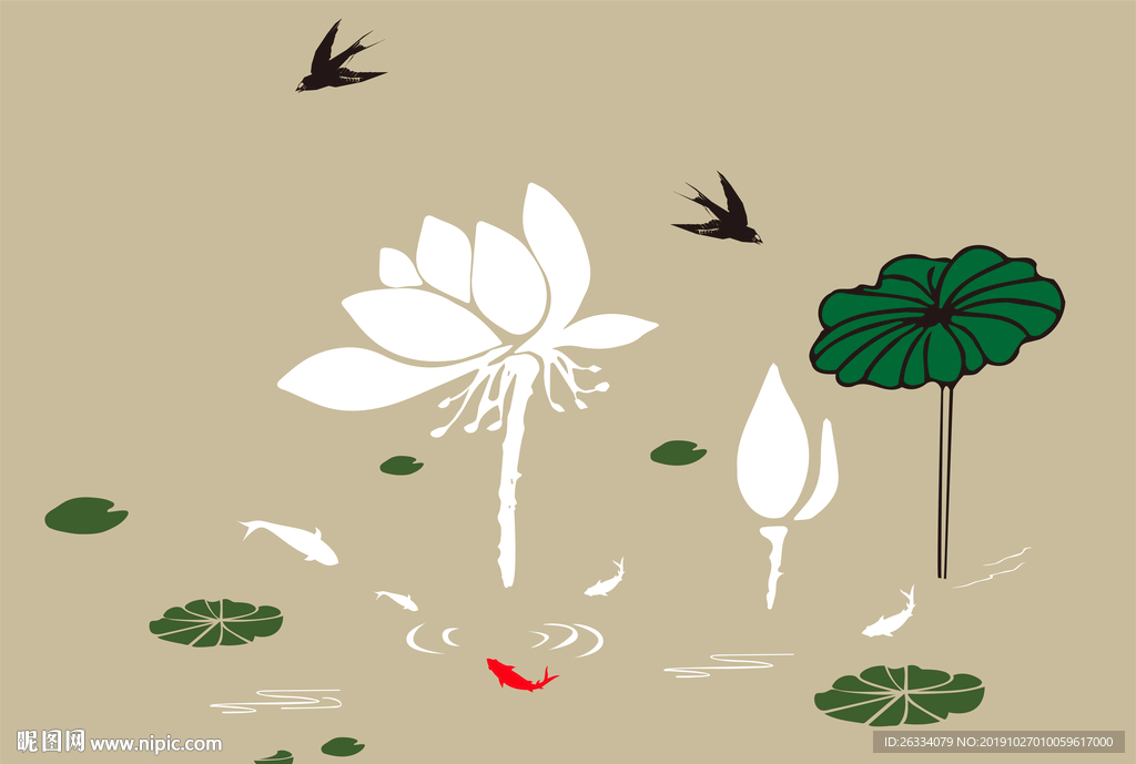 荷花 荷叶 鱼 鸟 水