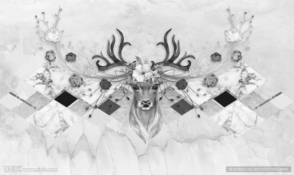 麋鹿新款背景墙画 TIF分层