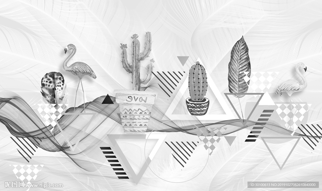 火烈鸟新款背景墙画 TIF分层