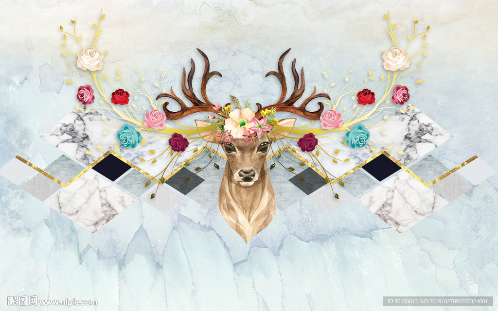 欧式麋鹿背景墙画 TIF分层
