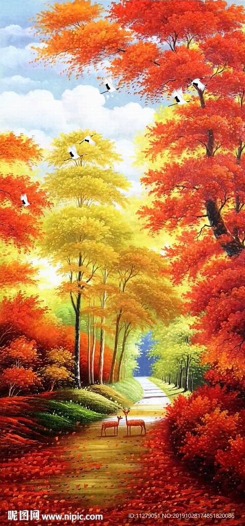 金秋小道风景油画