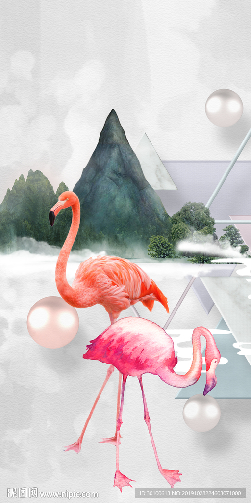 北欧火烈鸟玄关画 TIF分层