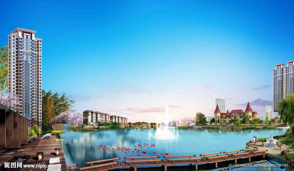 地产 园林 湖景 效果图