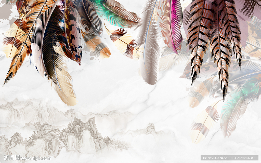 彩色羽毛简欧新装饰画TIF分层