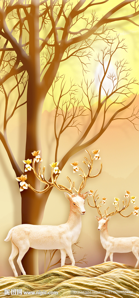 大树梅花鹿玄关背景