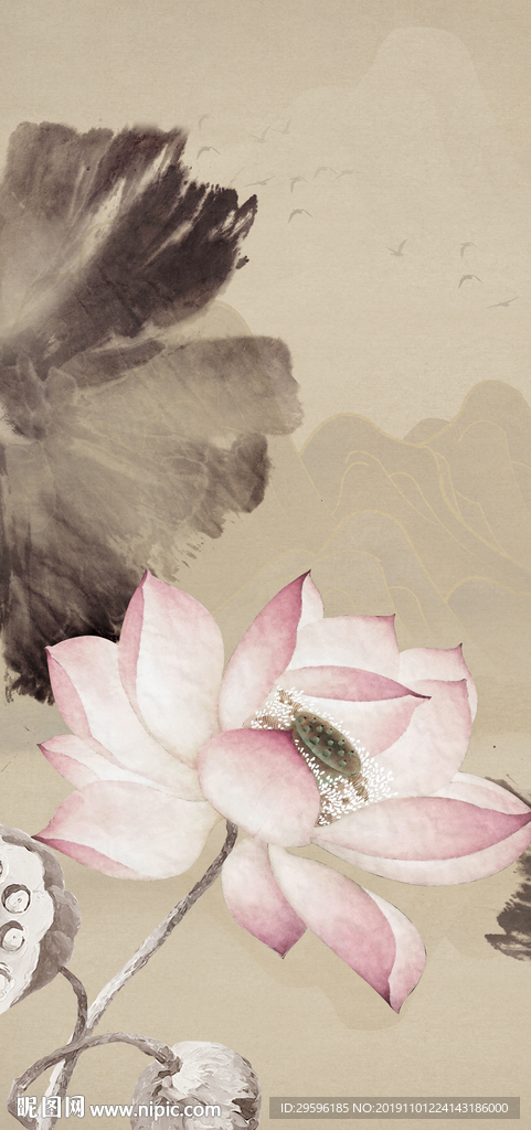 荷花意境山水国画 TIF分层