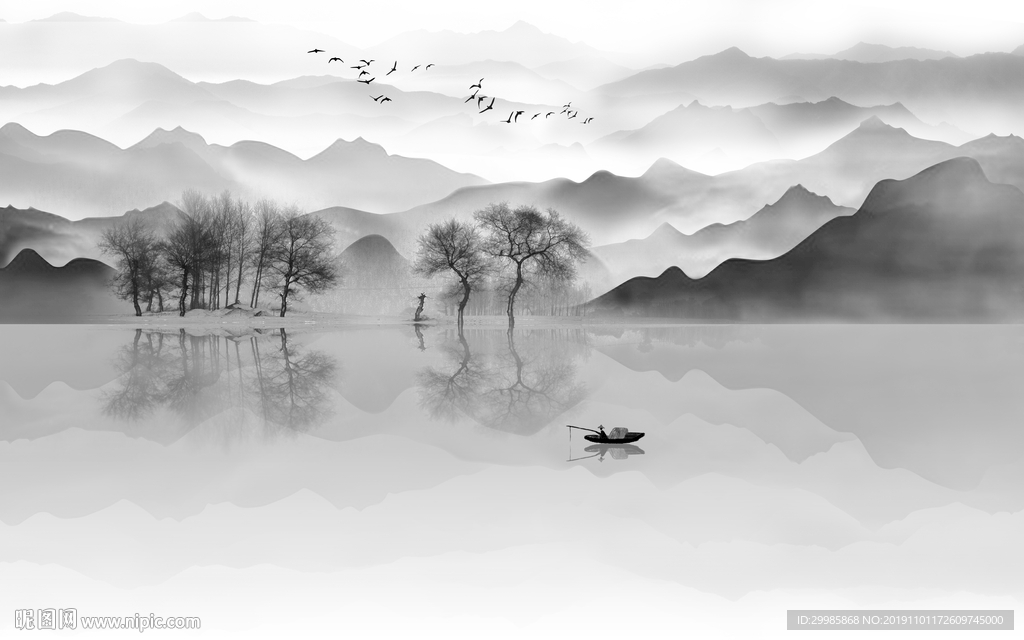 灰色简约中式山水 tif分层