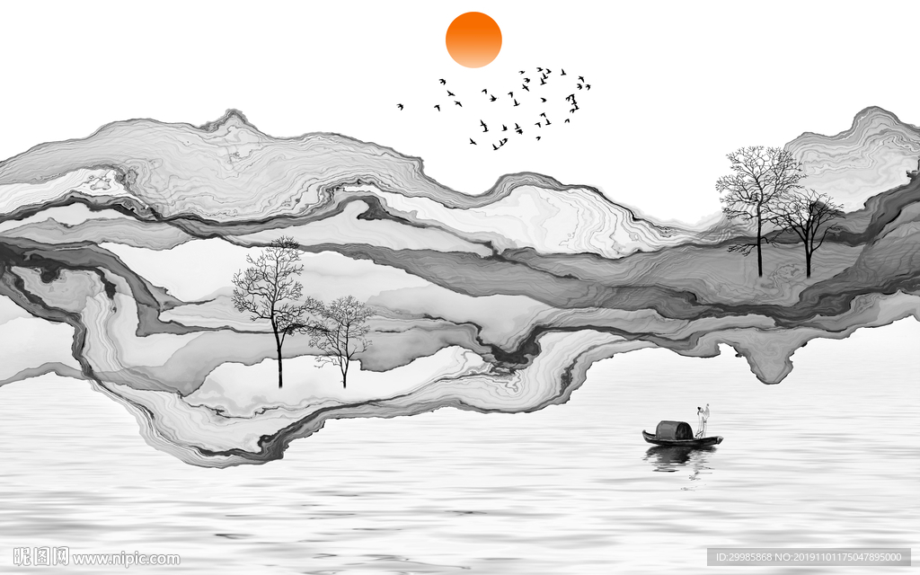 高档 线条中式山水 tif分层