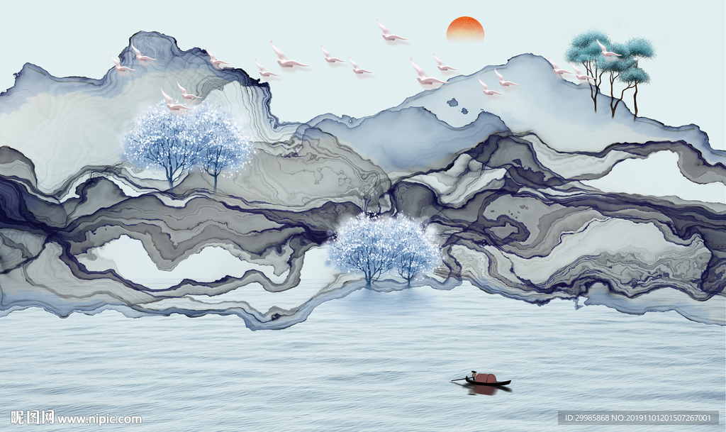 高档 简约中式山水 tif分层