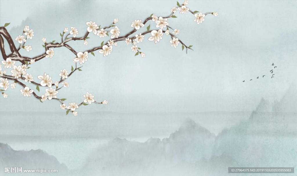 新中式简约玉兰花电视背景墙