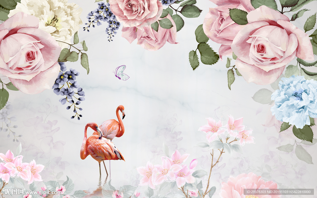 手绘 火烈鸟装饰画 TIF分层