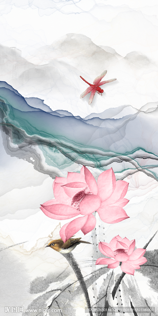 高清荷花中式玄关 TIF分层