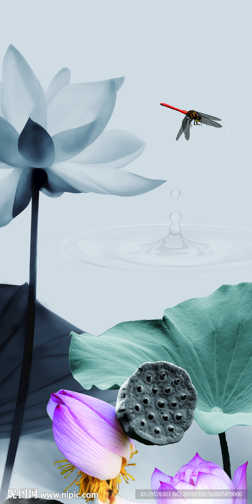 高档 荷花中式玄关 TIF分层