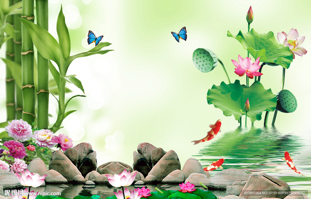 3D荷叶竹子背景墙图片