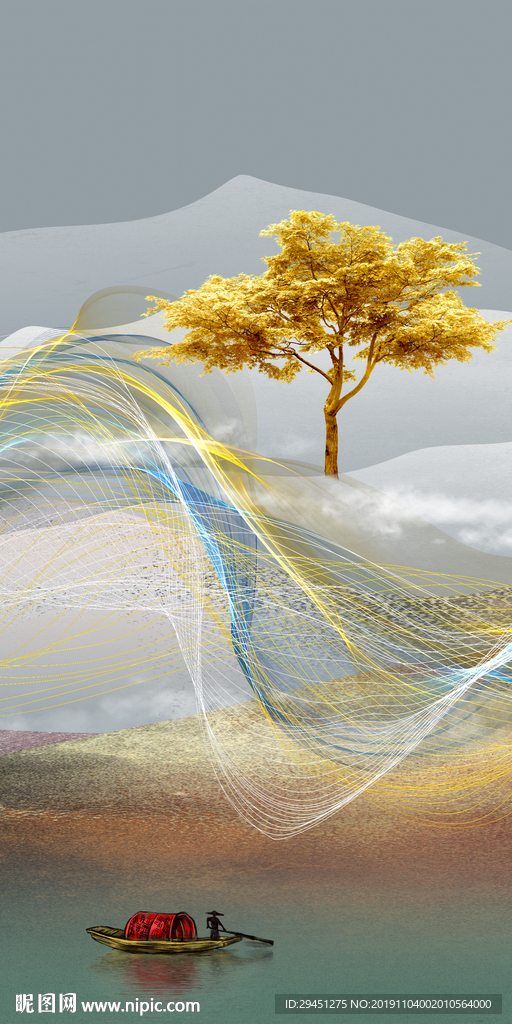 线条玄关画山水画 TIF分层