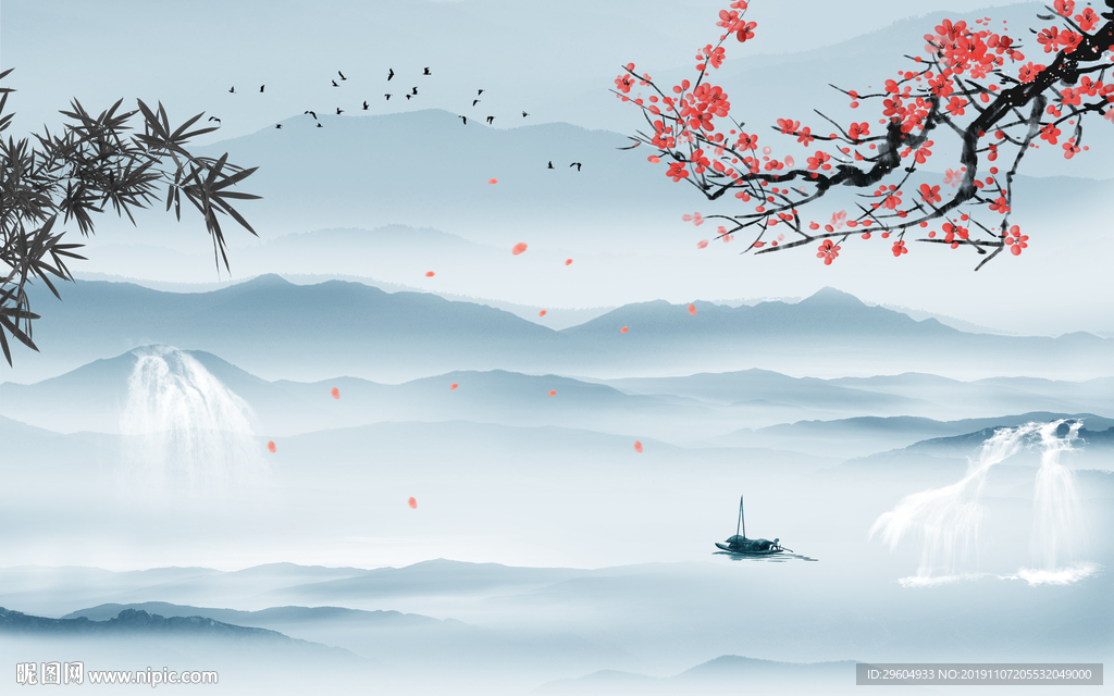 梅花山水中国风画 TIF分层