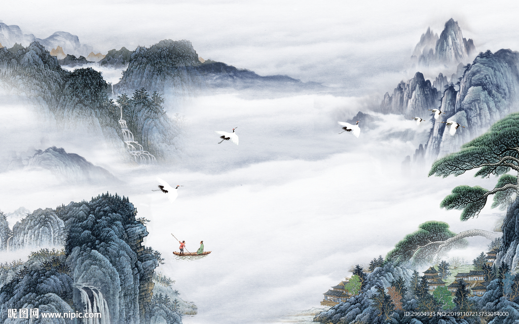 山水蓝色中国风画 TIF分层