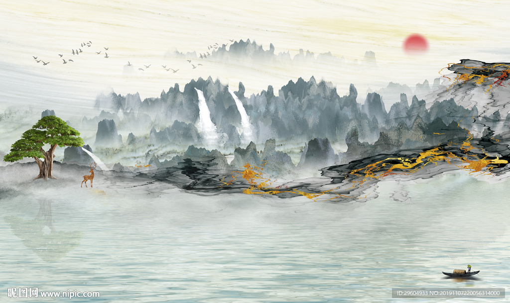 山水装饰画 TIF分层 背景墙