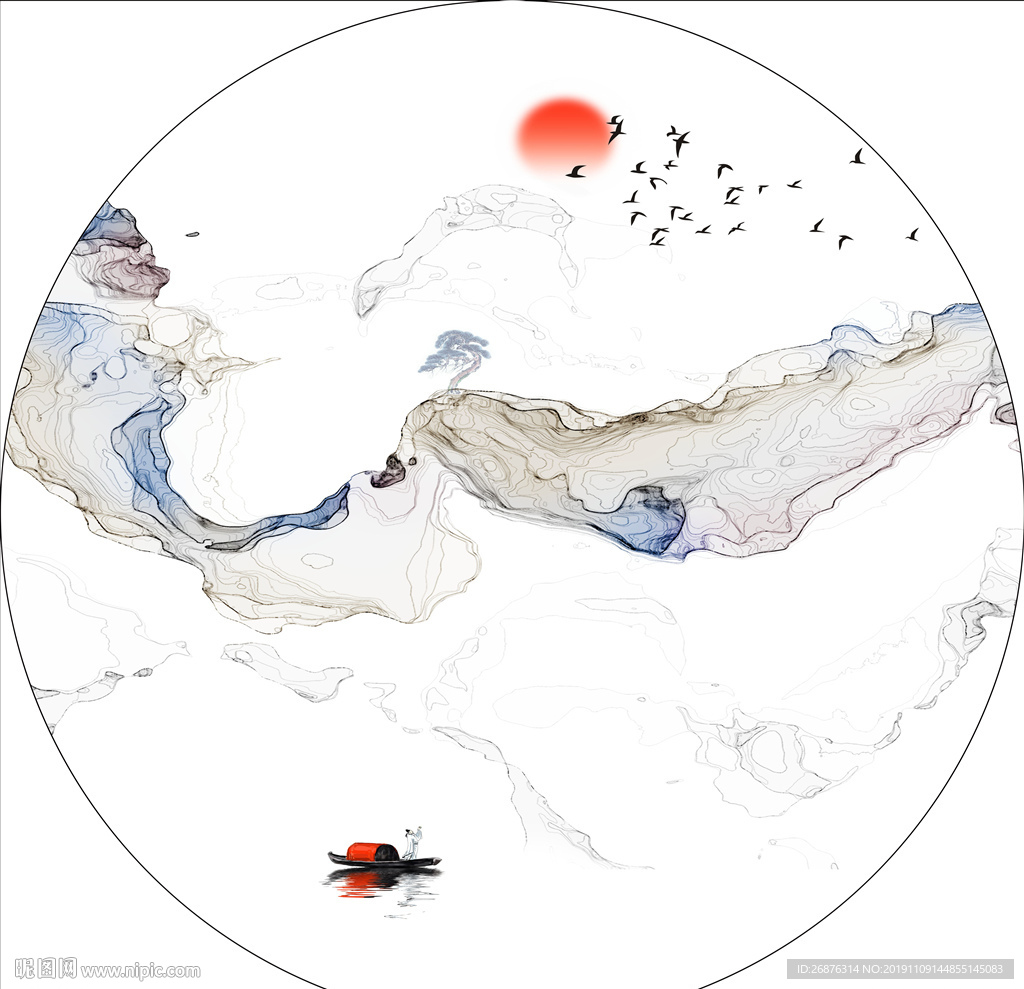 圆形新中式意境水墨山水烟雾装饰