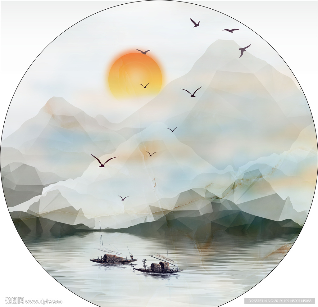 新中式写意水墨山水圆框装饰画