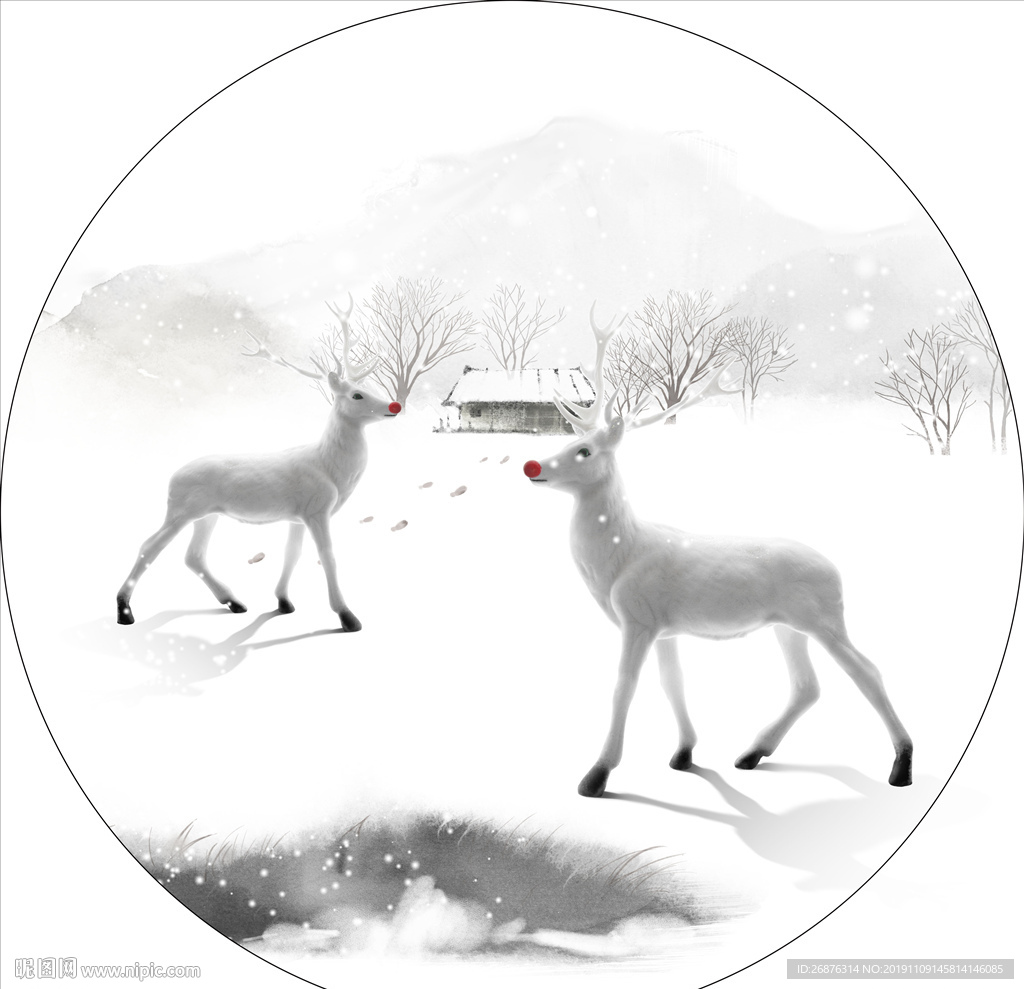 现代简约清新洁白麋鹿圆框装饰画