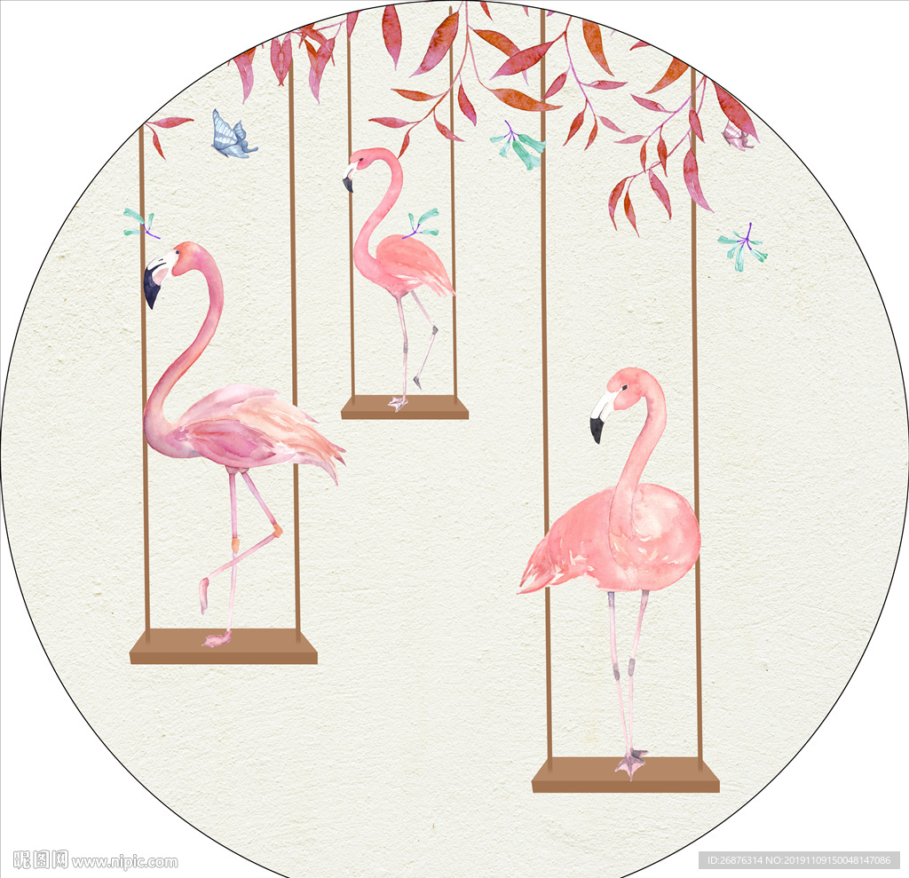 北欧清新精品火烈鸟圆框装饰挂画