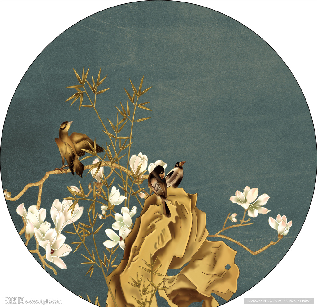 新中式玉兰花鸟圆框装饰画