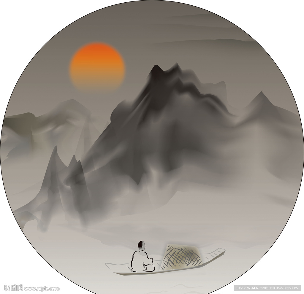 新中式抽象水墨山脉圆框装饰画