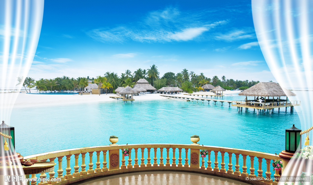 窗外阳台蓝天白云大海电视背景墙