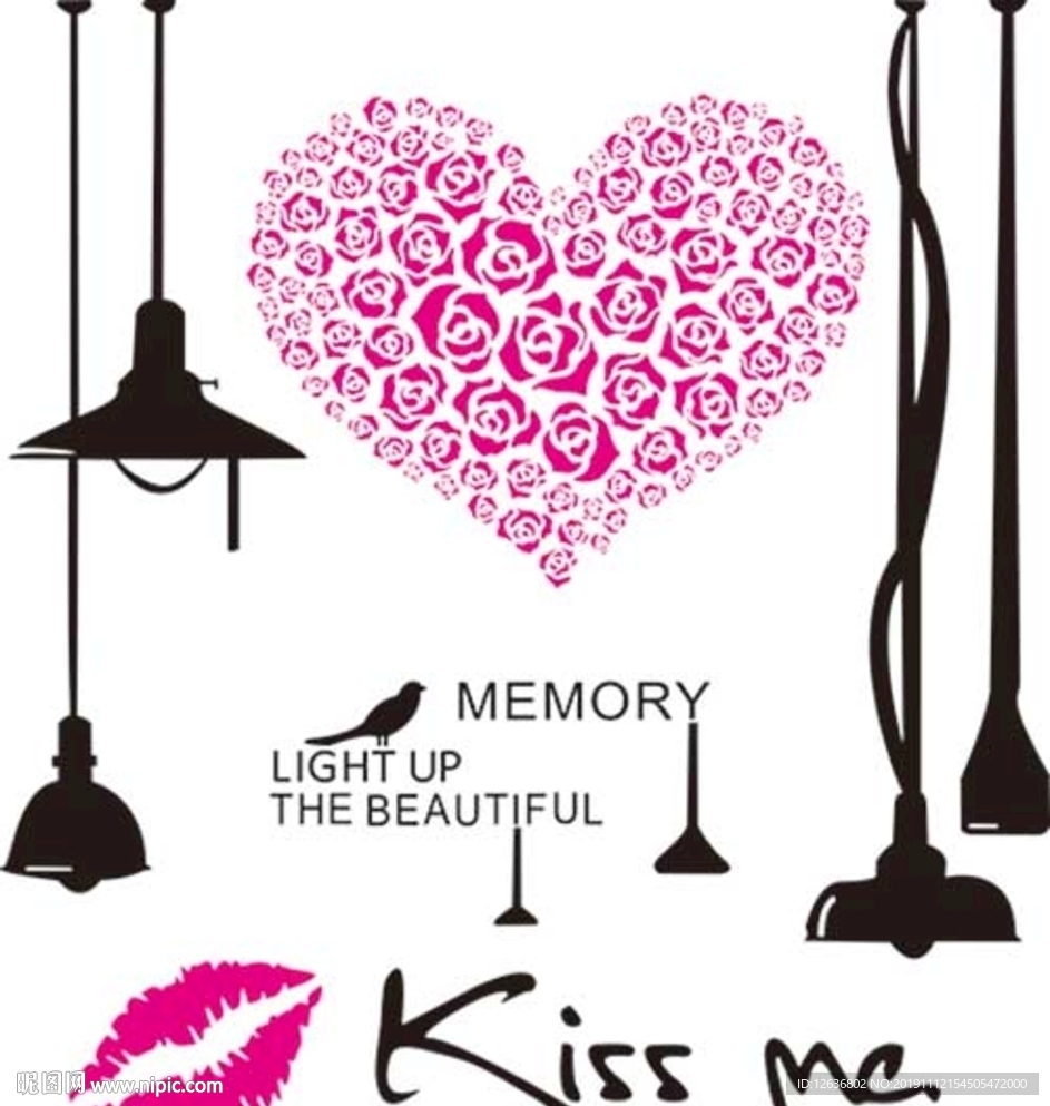 矢量玫瑰花爱心吻图