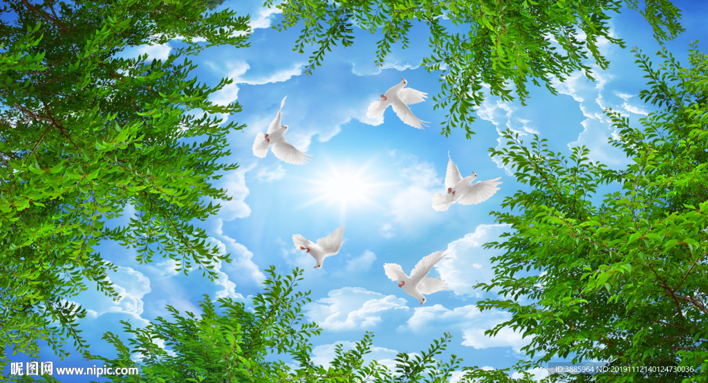 蓝天白云树叶桃花吊顶图片