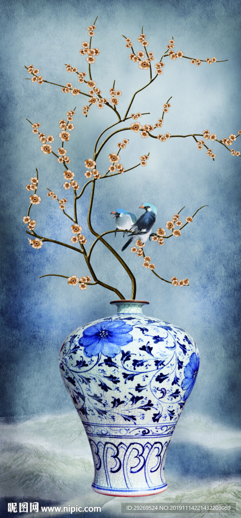 中国风梅花花瓶玄关背景墙壁画